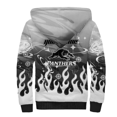 Personalized Penrith Panthers Sherpa Hoodie Y2K Grunge Aesthetic With Cyber Flames and Starburst Graphics