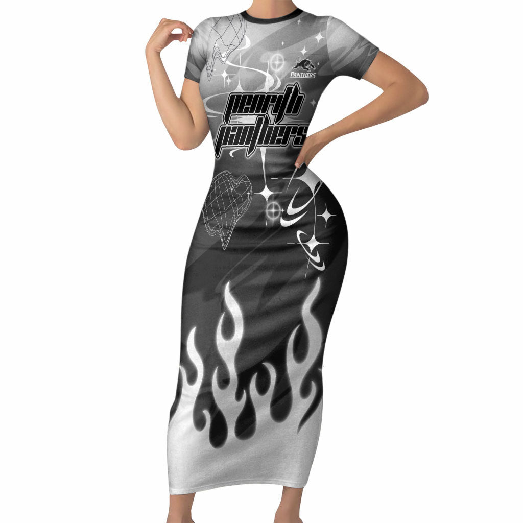Personalized Penrith Panthers Short Sleeve Bodycon Dress Y2K Grunge Aesthetic With Cyber Flames and Starburst Graphics