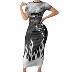 Personalized Penrith Panthers Short Sleeve Bodycon Dress Y2K Grunge Aesthetic With Cyber Flames and Starburst Graphics