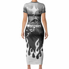 Personalized Penrith Panthers Short Sleeve Bodycon Dress Y2K Grunge Aesthetic With Cyber Flames and Starburst Graphics