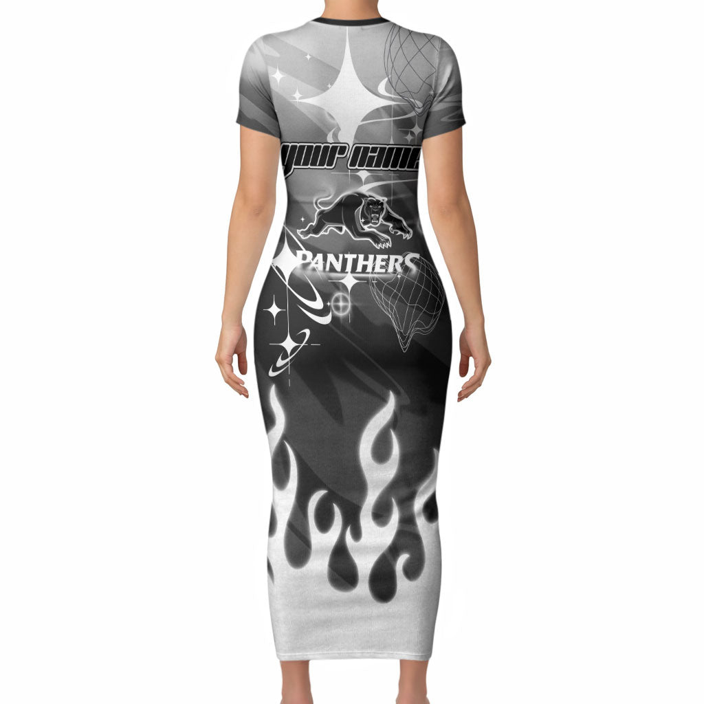 Personalized Penrith Panthers Short Sleeve Bodycon Dress Y2K Grunge Aesthetic With Cyber Flames and Starburst Graphics