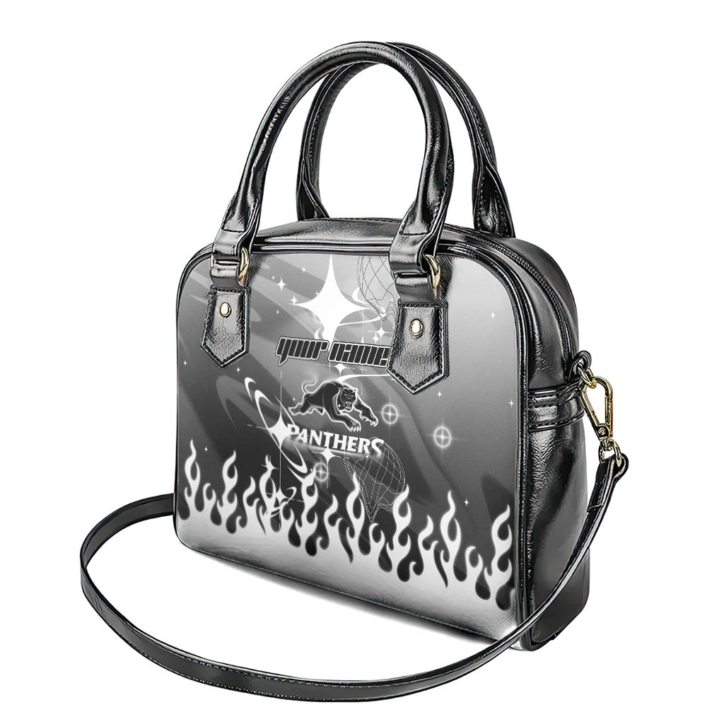 Personalized Penrith Panthers Shoulder Handbag Y2K Grunge Aesthetic With Cyber Flames and Starburst Graphics