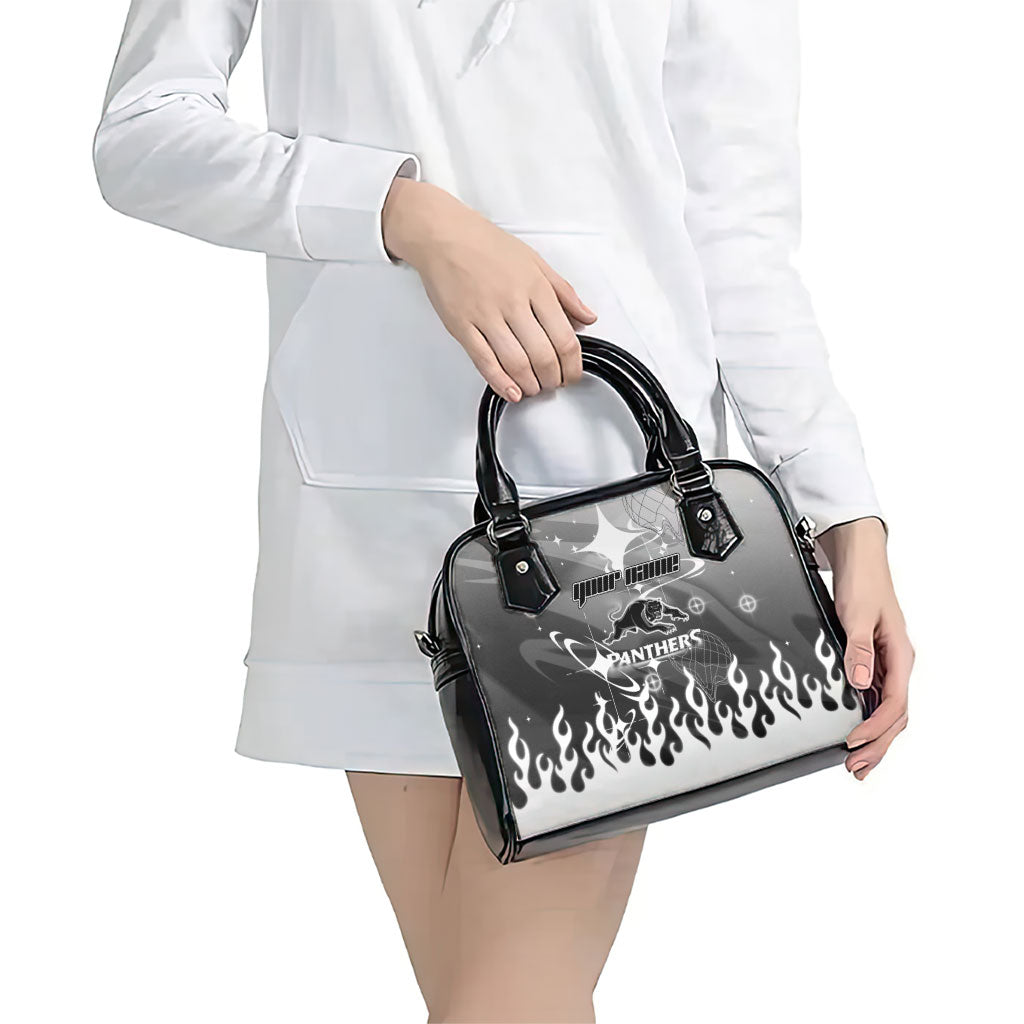 Personalized Penrith Panthers Shoulder Handbag Y2K Grunge Aesthetic With Cyber Flames and Starburst Graphics