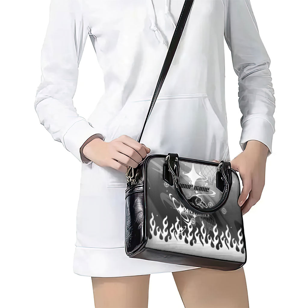 Personalized Penrith Panthers Shoulder Handbag Y2K Grunge Aesthetic With Cyber Flames and Starburst Graphics