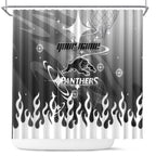 Personalized Penrith Panthers Shower Curtain Y2K Grunge Aesthetic With Cyber Flames and Starburst Graphics