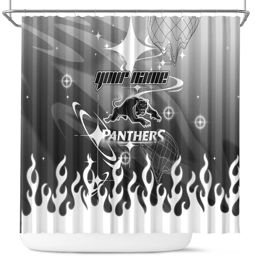 Personalized Penrith Panthers Shower Curtain Y2K Grunge Aesthetic With Cyber Flames and Starburst Graphics
