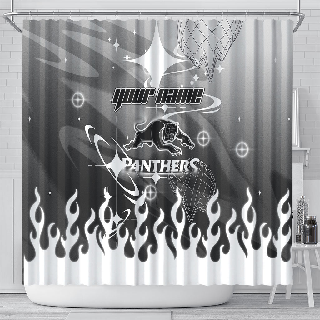 Personalized Penrith Panthers Shower Curtain Y2K Grunge Aesthetic With Cyber Flames and Starburst Graphics