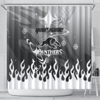 Personalized Penrith Panthers Shower Curtain Y2K Grunge Aesthetic With Cyber Flames and Starburst Graphics