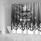 Personalized Penrith Panthers Shower Curtain Y2K Grunge Aesthetic With Cyber Flames and Starburst Graphics