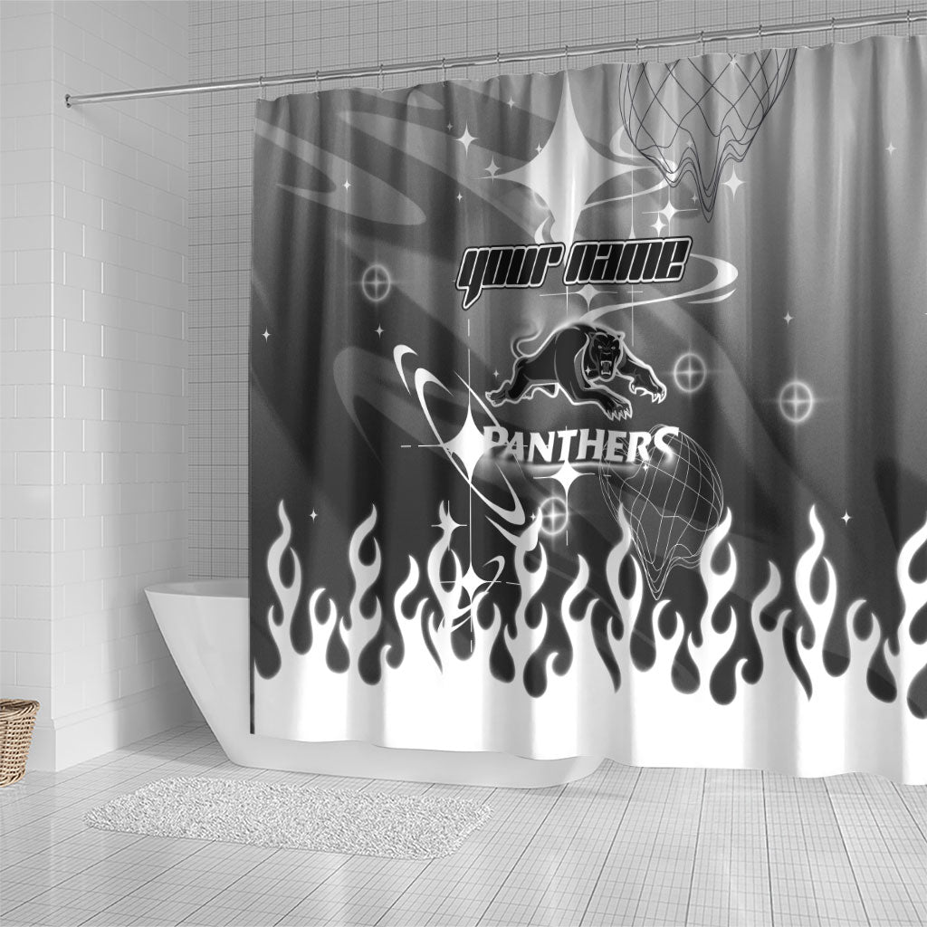 Personalized Penrith Panthers Shower Curtain Y2K Grunge Aesthetic With Cyber Flames and Starburst Graphics