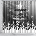 Personalized Penrith Panthers Shower Curtain Y2K Grunge Aesthetic With Cyber Flames and Starburst Graphics