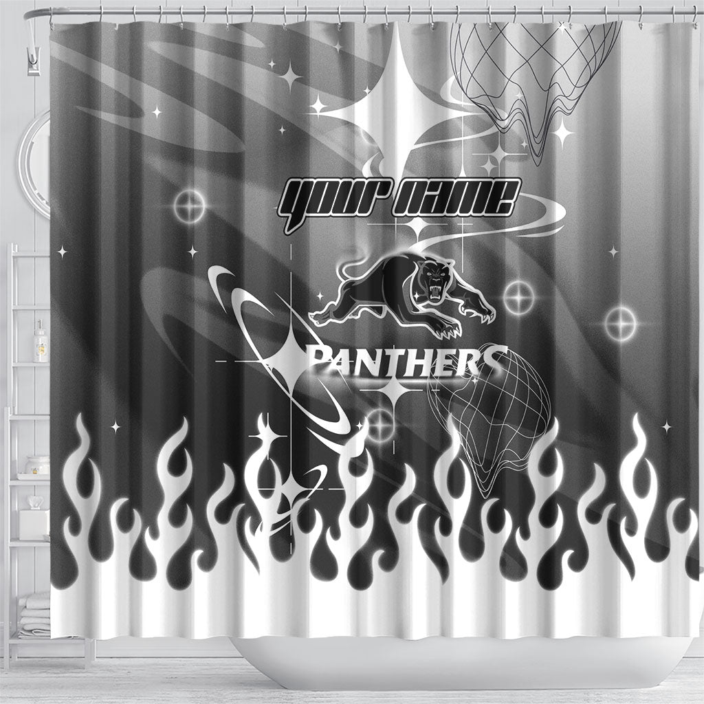 Personalized Penrith Panthers Shower Curtain Y2K Grunge Aesthetic With Cyber Flames and Starburst Graphics