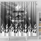 Personalized Penrith Panthers Shower Curtain Y2K Grunge Aesthetic With Cyber Flames and Starburst Graphics