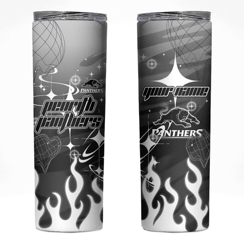 Personalized Penrith Panthers Skinny Tumbler Y2K Grunge Aesthetic With Cyber Flames and Starburst Graphics