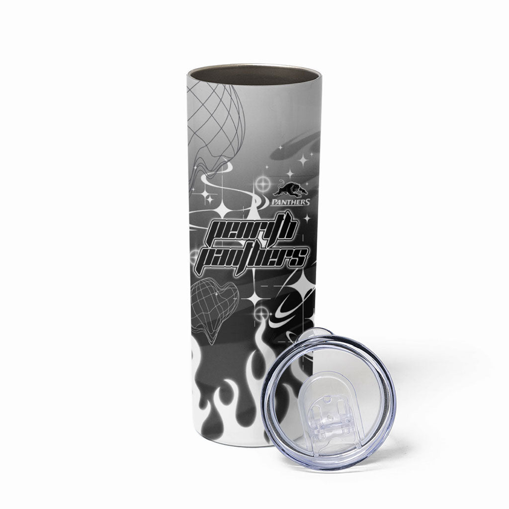 Personalized Penrith Panthers Skinny Tumbler Y2K Grunge Aesthetic With Cyber Flames and Starburst Graphics