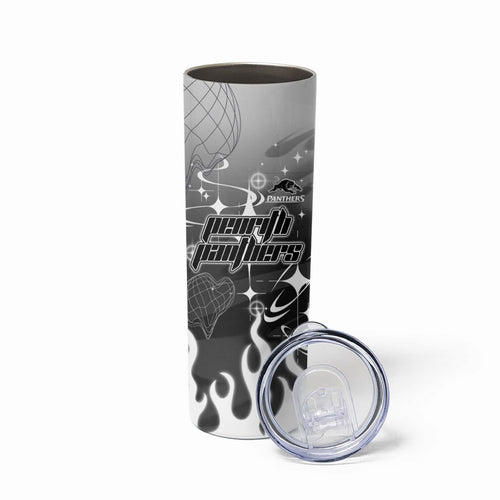 Personalized Penrith Panthers Skinny Tumbler Y2K Grunge Aesthetic With Cyber Flames and Starburst Graphics