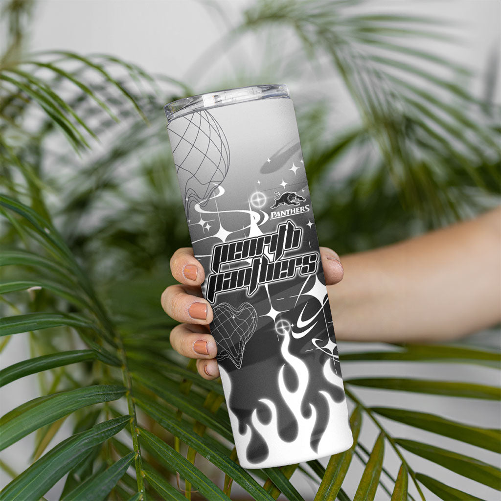 Personalized Penrith Panthers Skinny Tumbler Y2K Grunge Aesthetic With Cyber Flames and Starburst Graphics