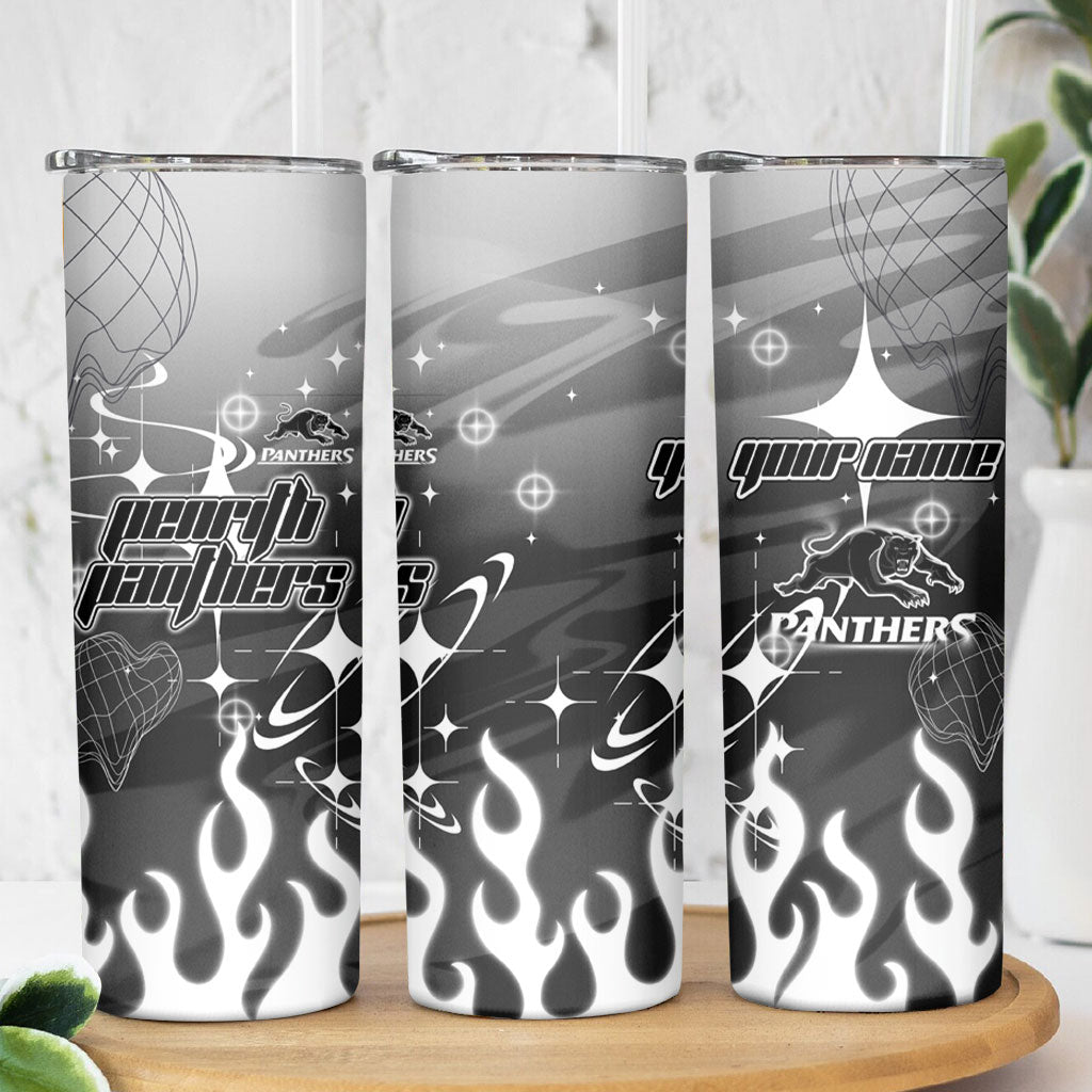 Personalized Penrith Panthers Skinny Tumbler Y2K Grunge Aesthetic With Cyber Flames and Starburst Graphics