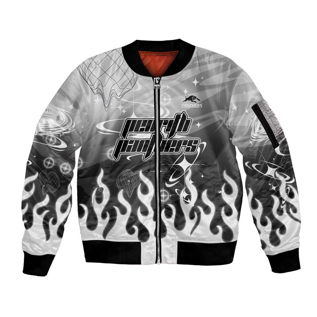 Personalized Penrith Panthers Sleeve Zip Bomber Jacket Y2K Grunge Aesthetic With Cyber Flames and Starburst Graphics