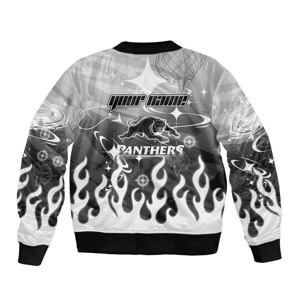 Personalized Penrith Panthers Sleeve Zip Bomber Jacket Y2K Grunge Aesthetic With Cyber Flames and Starburst Graphics