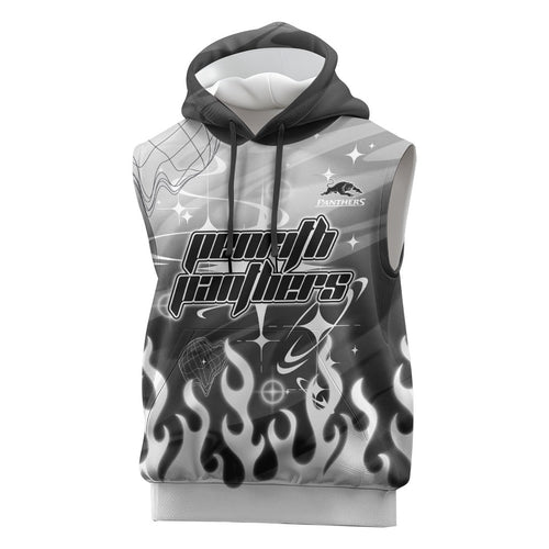 Personalized Penrith Panthers Sleeveless Hoodie Y2K Grunge Aesthetic With Cyber Flames and Starburst Graphics