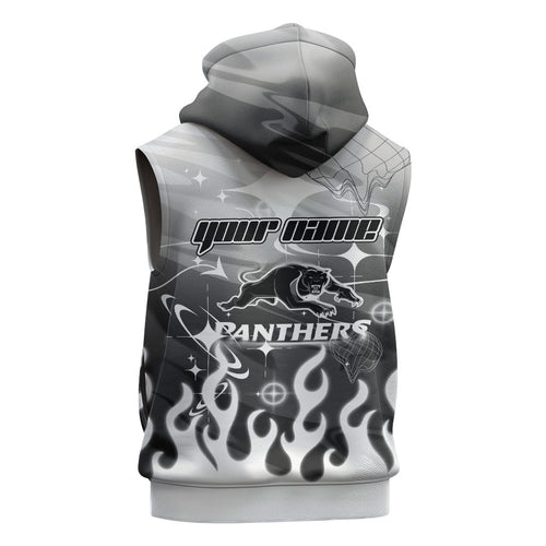 Personalized Penrith Panthers Sleeveless Hoodie Y2K Grunge Aesthetic With Cyber Flames and Starburst Graphics