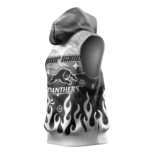 Personalized Penrith Panthers Sleeveless Hoodie Y2K Grunge Aesthetic With Cyber Flames and Starburst Graphics