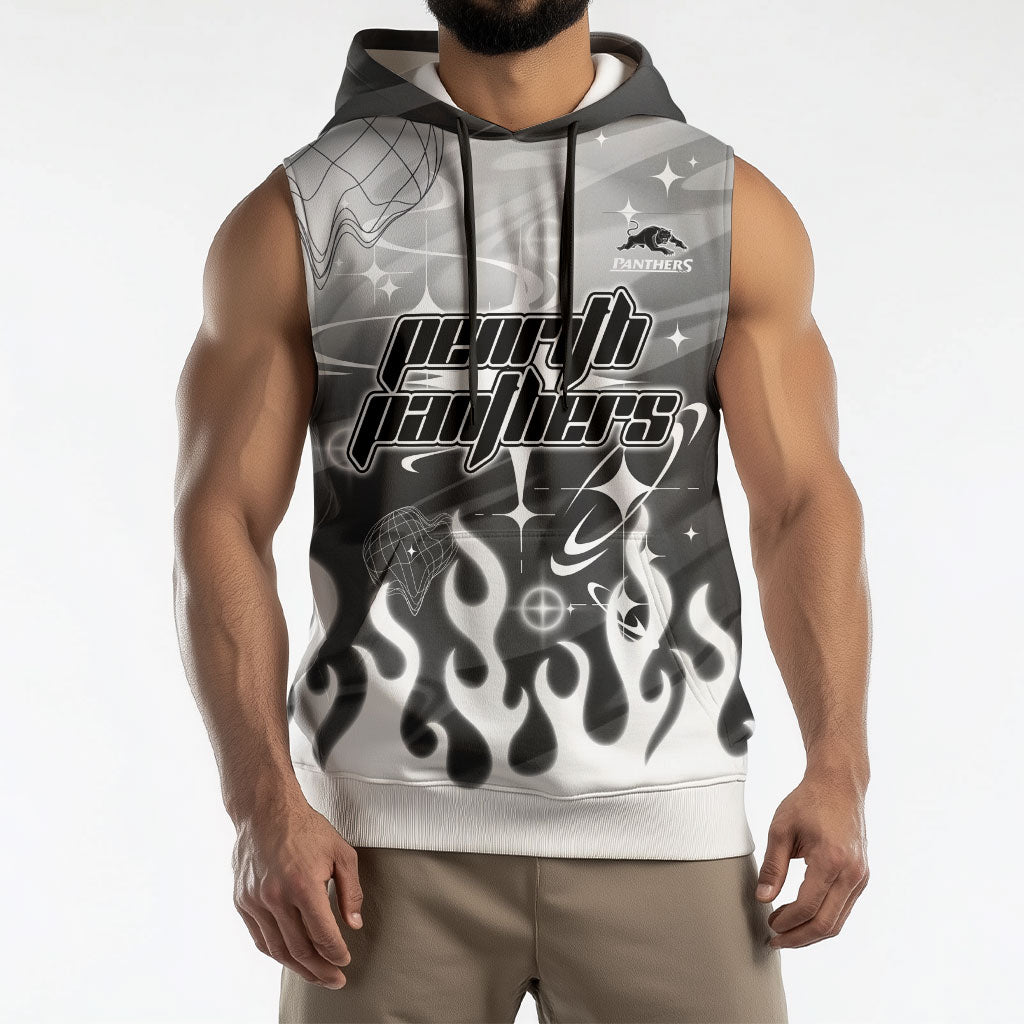Personalized Penrith Panthers Sleeveless Hoodie Y2K Grunge Aesthetic With Cyber Flames and Starburst Graphics