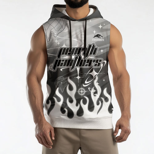 Personalized Penrith Panthers Sleeveless Hoodie Y2K Grunge Aesthetic With Cyber Flames and Starburst Graphics