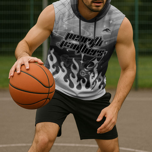Personalized Penrith Panthers Sleeveless Hoodie Y2K Grunge Aesthetic With Cyber Flames and Starburst Graphics