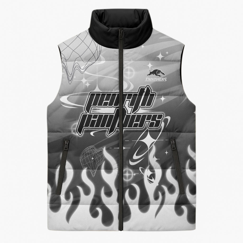 Personalized Penrith Panthers Sleeveless Puffer Jacket Y2K Grunge Aesthetic With Cyber Flames and Starburst Graphics
