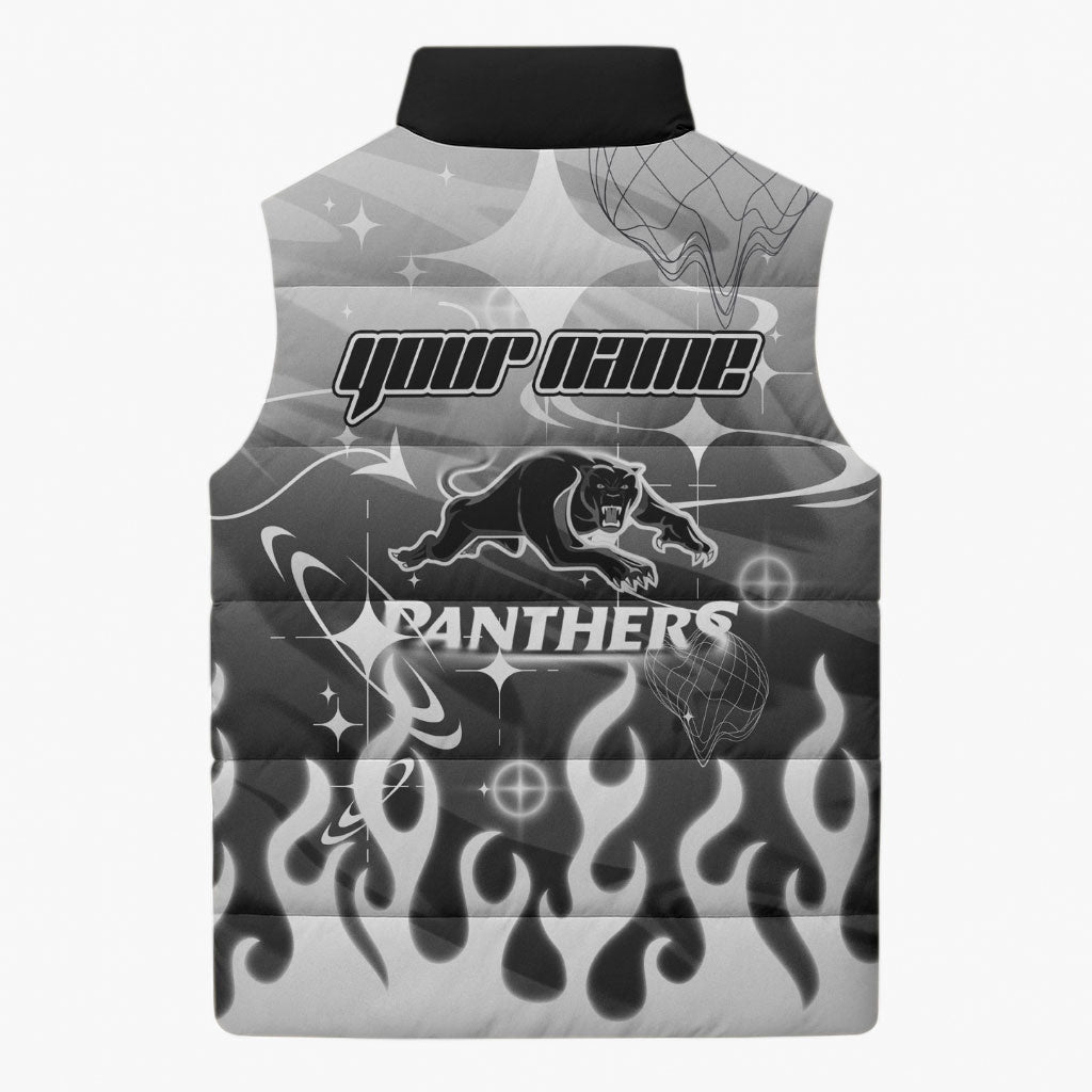 Personalized Penrith Panthers Sleeveless Puffer Jacket Y2K Grunge Aesthetic With Cyber Flames and Starburst Graphics