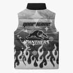 Personalized Penrith Panthers Sleeveless Puffer Jacket Y2K Grunge Aesthetic With Cyber Flames and Starburst Graphics