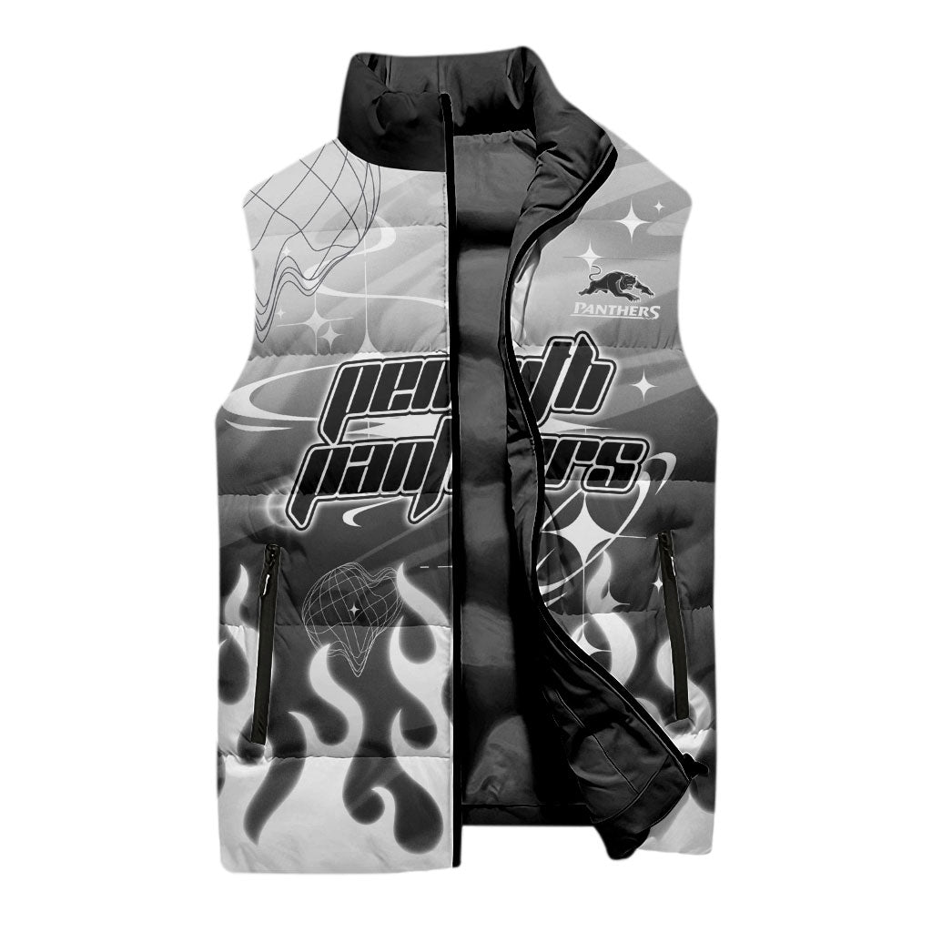 Personalized Penrith Panthers Sleeveless Puffer Jacket Y2K Grunge Aesthetic With Cyber Flames and Starburst Graphics