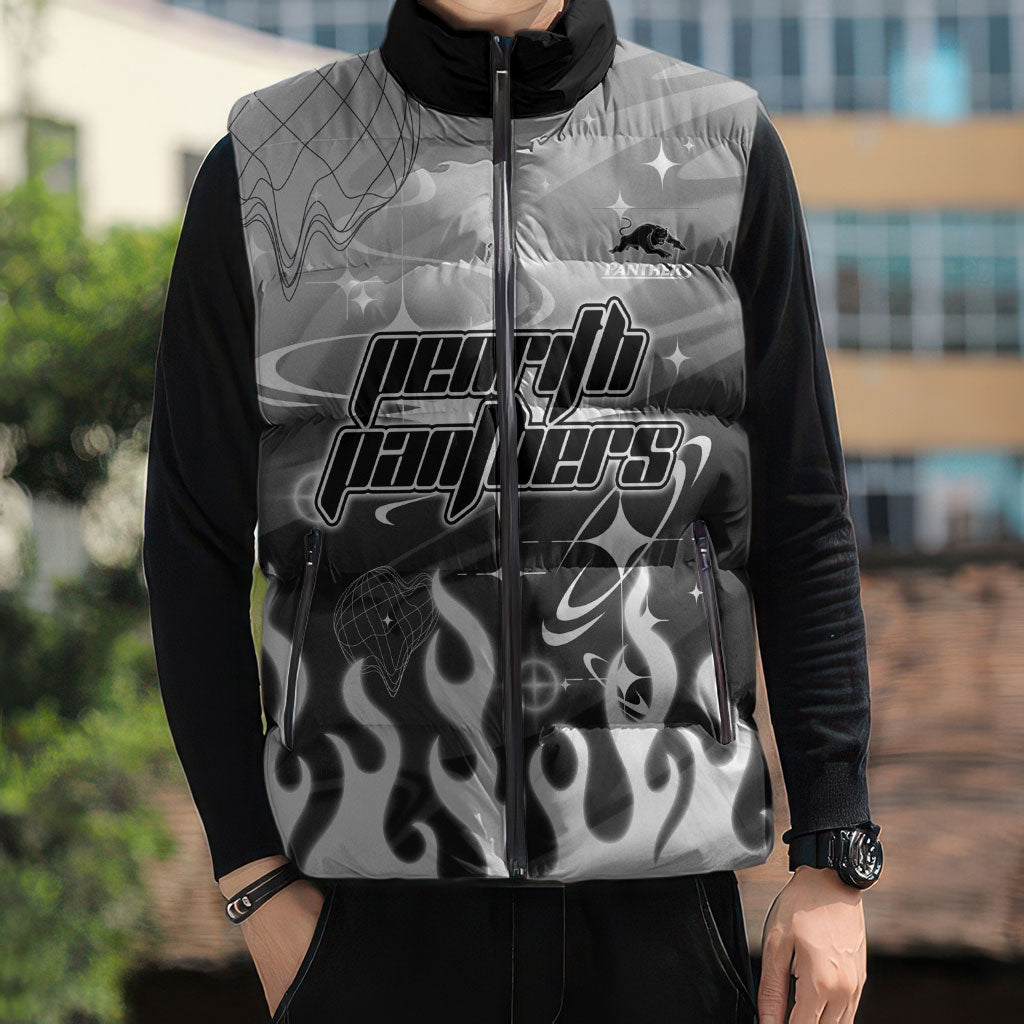 Personalized Penrith Panthers Sleeveless Puffer Jacket Y2K Grunge Aesthetic With Cyber Flames and Starburst Graphics