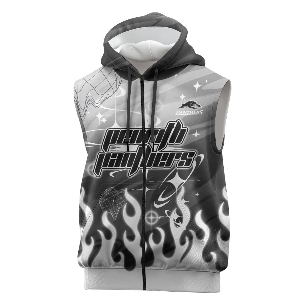 Personalized Penrith Panthers Sleeveless Zip Hoodie Y2K Grunge Aesthetic With Cyber Flames and Starburst Graphics