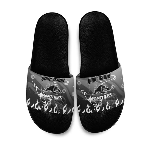 Personalized Penrith Panthers Slide Sandals Y2K Grunge Aesthetic With Cyber Flames and Starburst Graphics