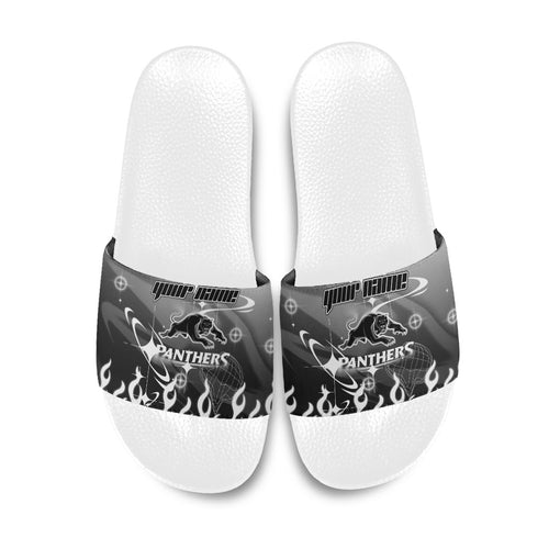 Personalized Penrith Panthers Slide Sandals Y2K Grunge Aesthetic With Cyber Flames and Starburst Graphics