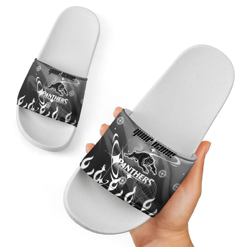 Personalized Penrith Panthers Slide Sandals Y2K Grunge Aesthetic With Cyber Flames and Starburst Graphics