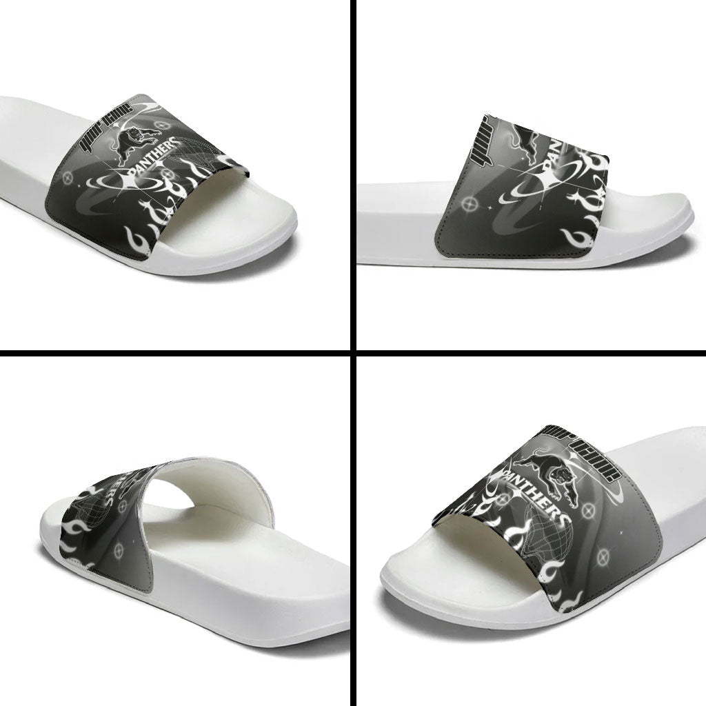 Personalized Penrith Panthers Slide Sandals Y2K Grunge Aesthetic With Cyber Flames and Starburst Graphics