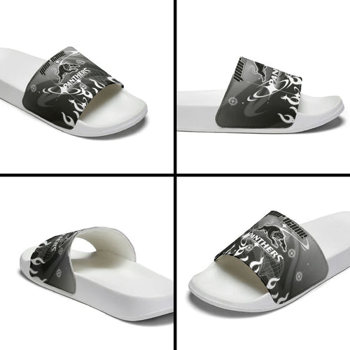Personalized Penrith Panthers Slide Sandals Y2K Grunge Aesthetic With Cyber Flames and Starburst Graphics