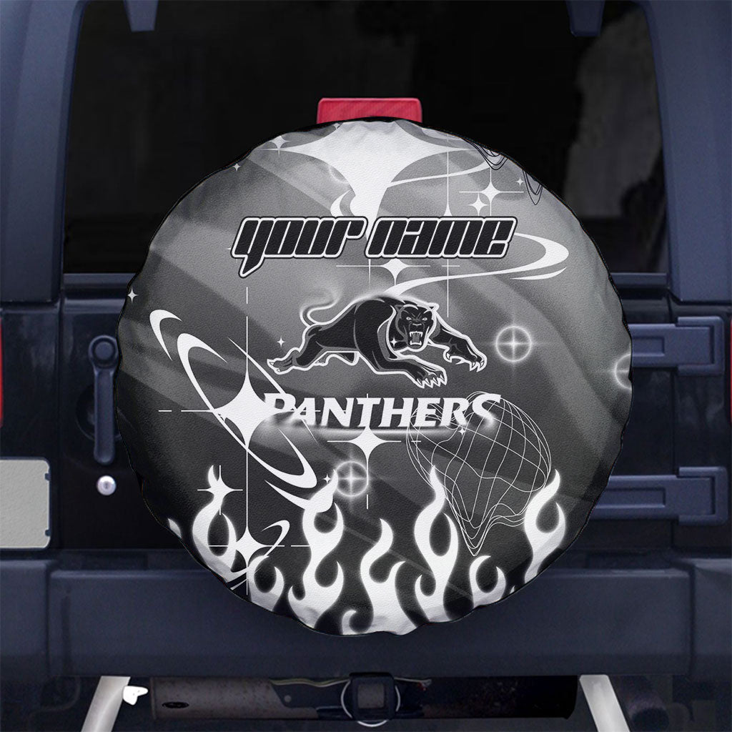 Personalized Penrith Panthers Spare Tire Cover Y2K Grunge Aesthetic With Cyber Flames and Starburst Graphics
