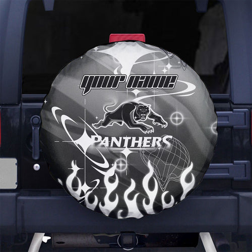 Personalized Penrith Panthers Spare Tire Cover Y2K Grunge Aesthetic With Cyber Flames and Starburst Graphics