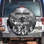 Personalized Penrith Panthers Spare Tire Cover Y2K Grunge Aesthetic With Cyber Flames and Starburst Graphics