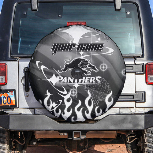 Personalized Penrith Panthers Spare Tire Cover Y2K Grunge Aesthetic With Cyber Flames and Starburst Graphics