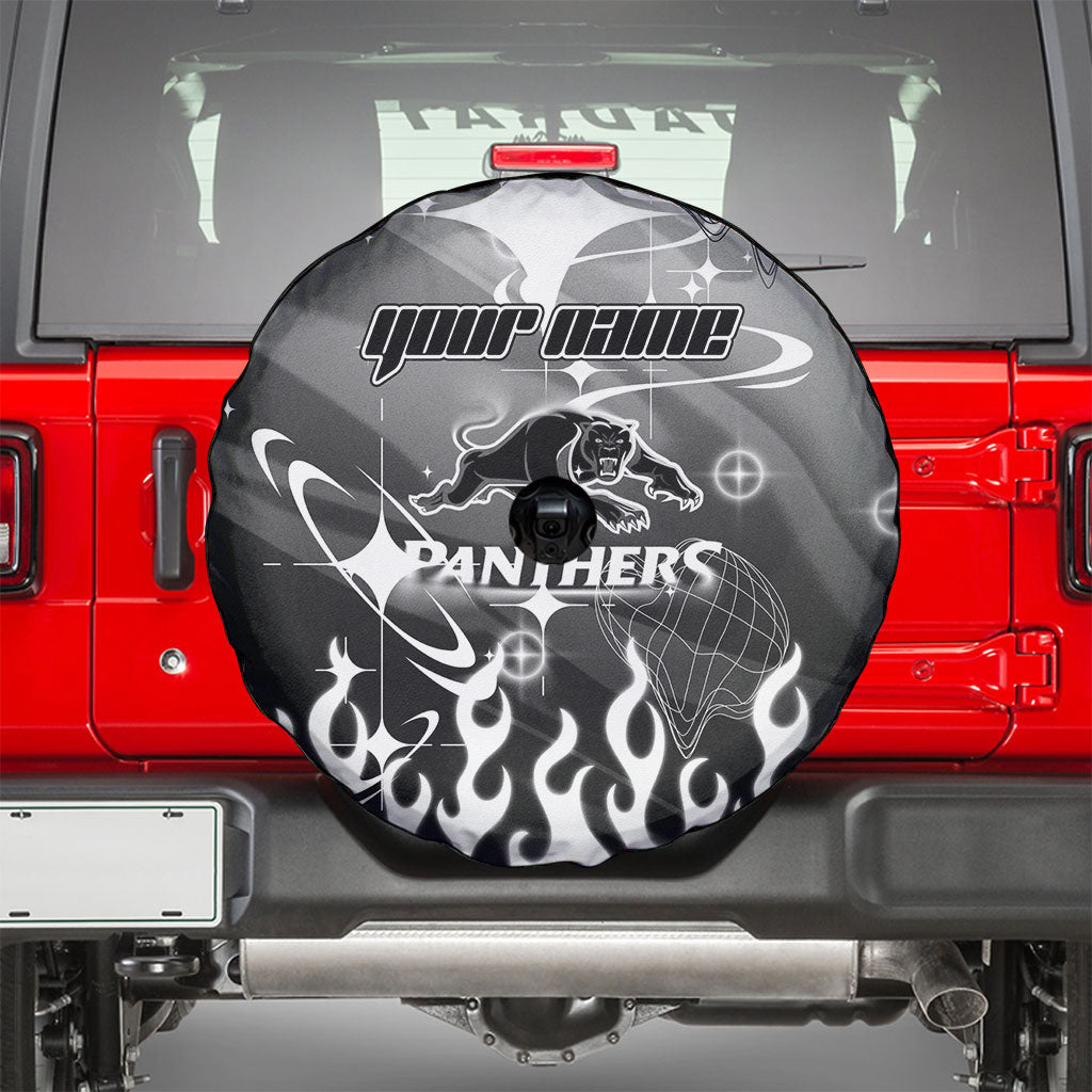 Personalized Penrith Panthers Spare Tire Cover Y2K Grunge Aesthetic With Cyber Flames and Starburst Graphics