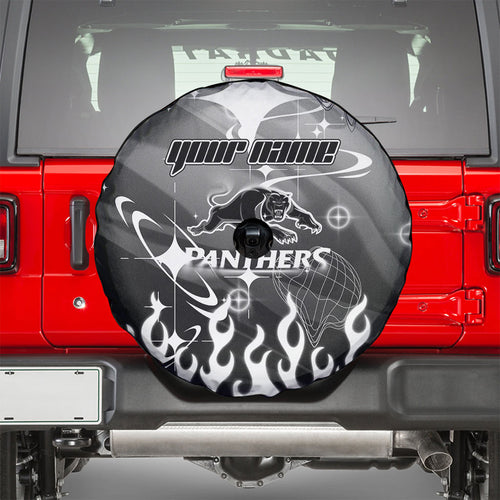 Personalized Penrith Panthers Spare Tire Cover Y2K Grunge Aesthetic With Cyber Flames and Starburst Graphics