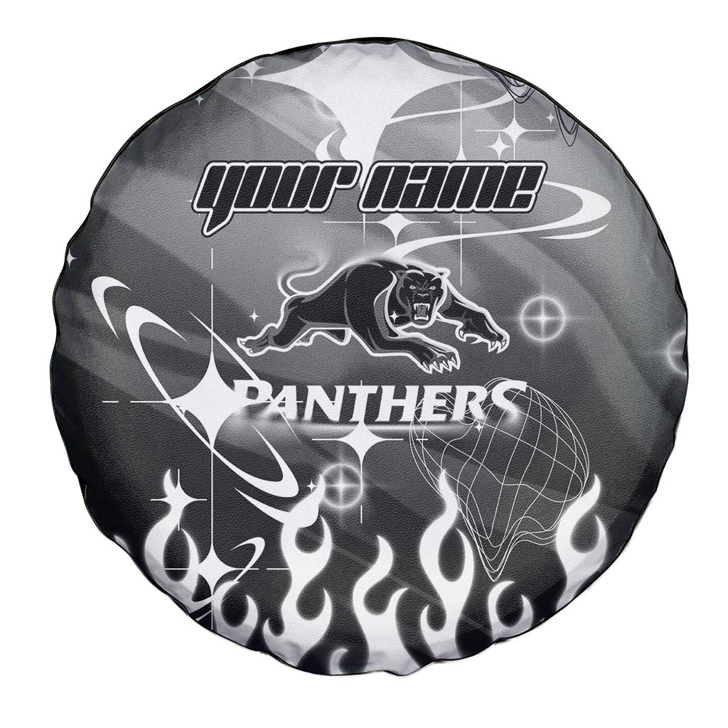 Personalized Penrith Panthers Spare Tire Cover Y2K Grunge Aesthetic With Cyber Flames and Starburst Graphics