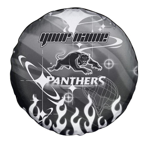 Personalized Penrith Panthers Spare Tire Cover Y2K Grunge Aesthetic With Cyber Flames and Starburst Graphics
