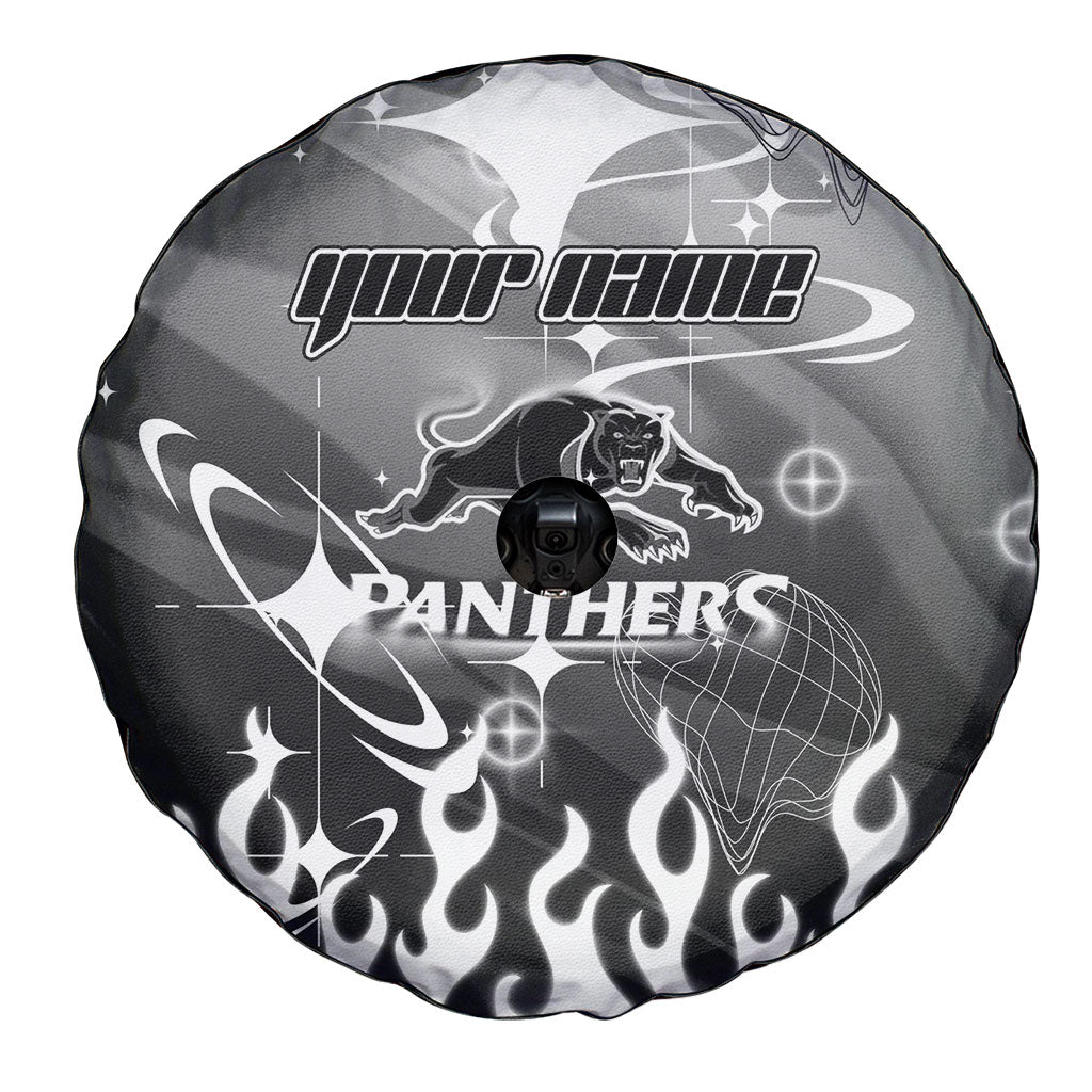 Personalized Penrith Panthers Spare Tire Cover Y2K Grunge Aesthetic With Cyber Flames and Starburst Graphics